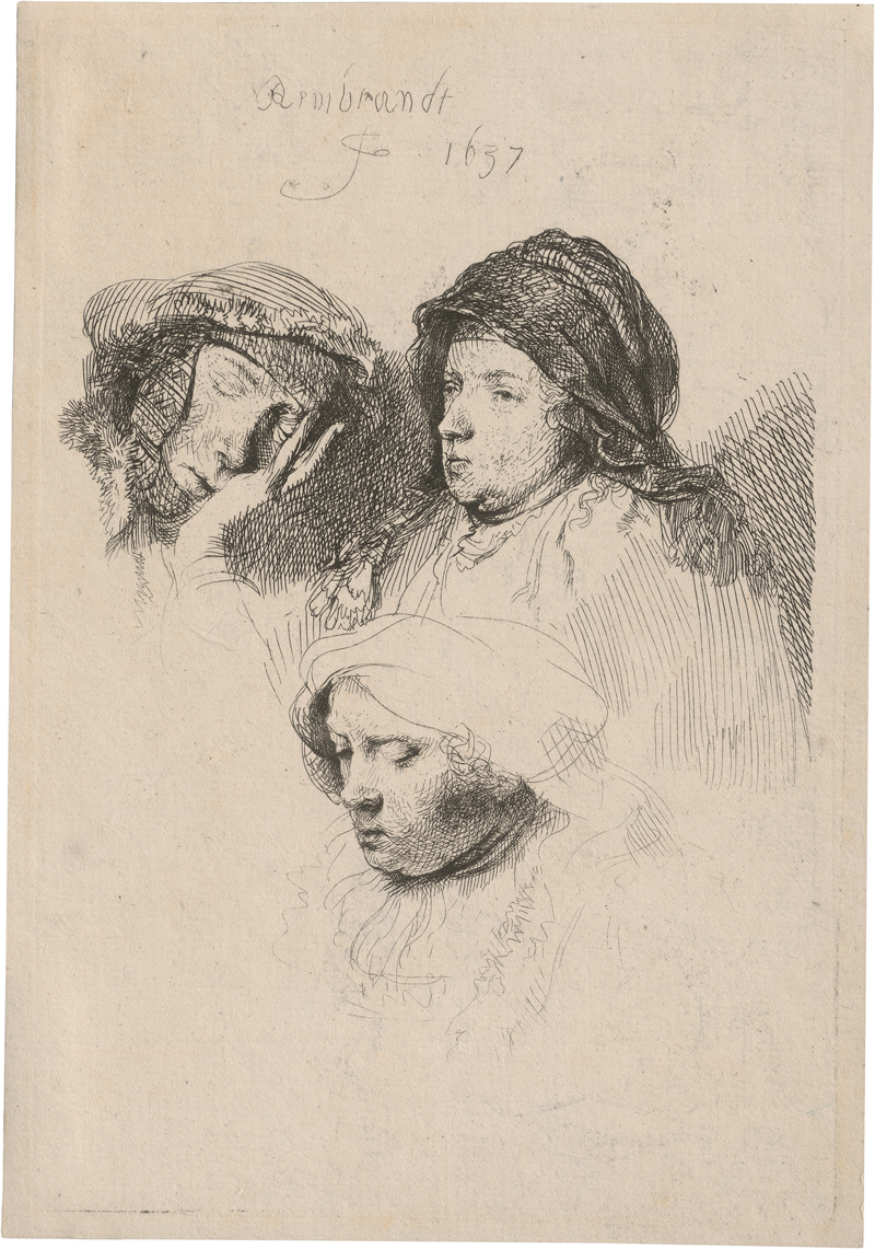 Lot 5854, Auction  123, Rembrandt Harmensz. van Rijn, Drei Frauenköpfe, die eine Frau schlafend