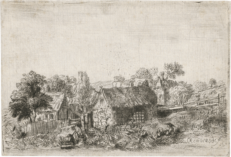 Lot 5857, Auction  123, Rembrandt Harmensz. van Rijn - Nachfolge, Landschaft mit Häsuern und im Gras sitzendem Bauernpaar