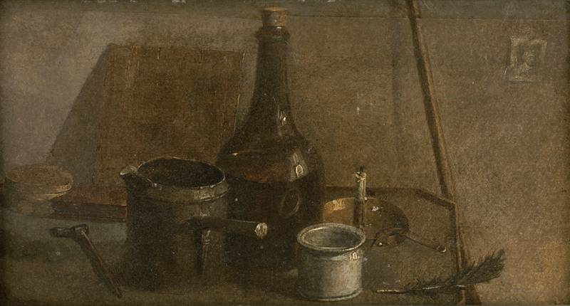 Lot 6110, Auction  123, Französisch, um 1860. Stillleben mit Kupferkanne, Kerze, Korkflasche und Feder
