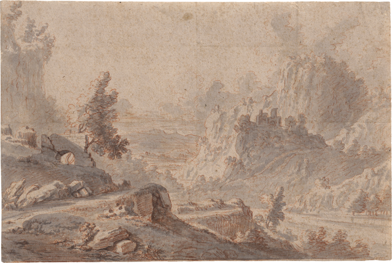 Lot 6576, Auction  123, Niederländisch, 17. Jh. Gebirgslandschaft mit Ruine auf einem Felsen