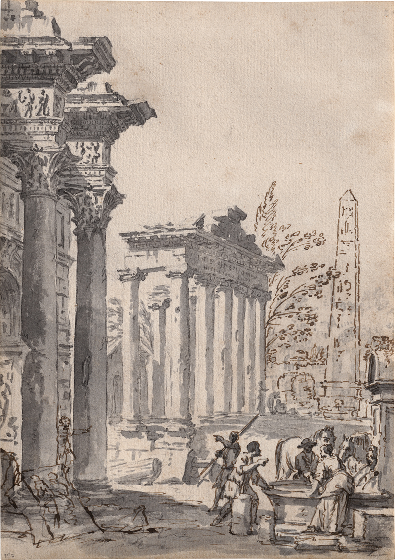 Lot 6583, Auction  123, Pannini, Giovanni Paolo - Umkreis, Architekturcapriccio mit römischen Ruinen, Obelisk und Figuren an einem Brunnen
