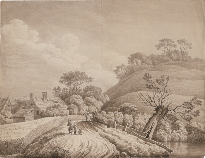 Lot 6654, Auction  123, Dresden, um 1820. Weg durch Hügellandschaft mit Bauernhäusern, Weide am Weiher und Staffage