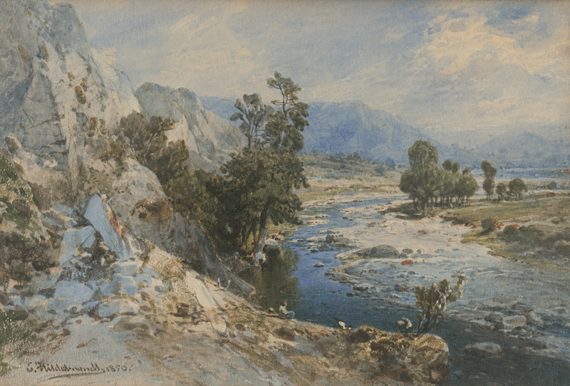 Lot 6707, Auction  123, Hildebrandt, Eduard, Blick von einem Höhenzug in ein breites Flusstal