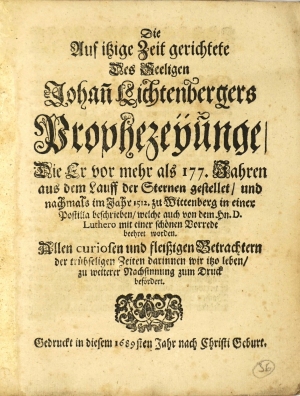 Lot 1238, Auction  124, Lichtenberger, Johannes, Die Auf itzige Zeit gerichtete ... Prophezeyunge