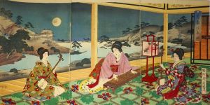 Los 1505 - Chikanobu, Toyohara - Bijin-ga.Drei Musikerinnen bei Vollmond. Triptychon - 1 - thumb