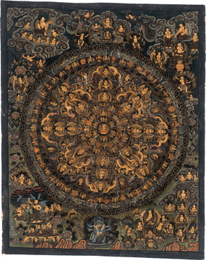 Los 1696 - Mandala - Buddhistisches Meditationsbild. Schwarzgrundmalerei in Gold und Farben auf Gaze - 0 - thumb