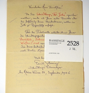 Lot 2528, Auction  124, Schering, Emil, 2 Briefe über Strindberg-Aufführungen