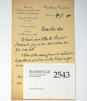 Lot 2543, Auction  124, Gilles de la Tourette, Georges, Brief an einen Freund