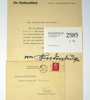 Lot 2585, Auction  124, Hindenburg, Paul von, Brief an Reinhart Bachofen