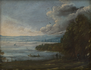 Lot 6027, Auction  124, Niederländisch, um 1700. Weite Landschaft mit See und Fischerbooten