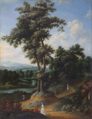 Lot 6033, Auction  124, Strack, Ludwig Philipp, Klassische Landschaft mit Entenjägern und höfischer Staffage.