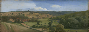 Lot 6093, Auction  124, Dresdener Schule, um 1860. Sommerliche Landschaft mit bewaldeten Hügeln und einem kleinen Dorf