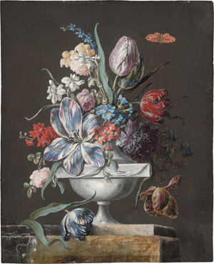 Los 6572 - Französisch - um 1790. Blumenstillleben mit Tulpen, Rosen und Schmetterling - 0 - thumb