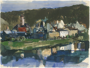 Lot 7306, Auction  124, Müller-Linow, Bruno, Flusslandschaft mit Bergdorf