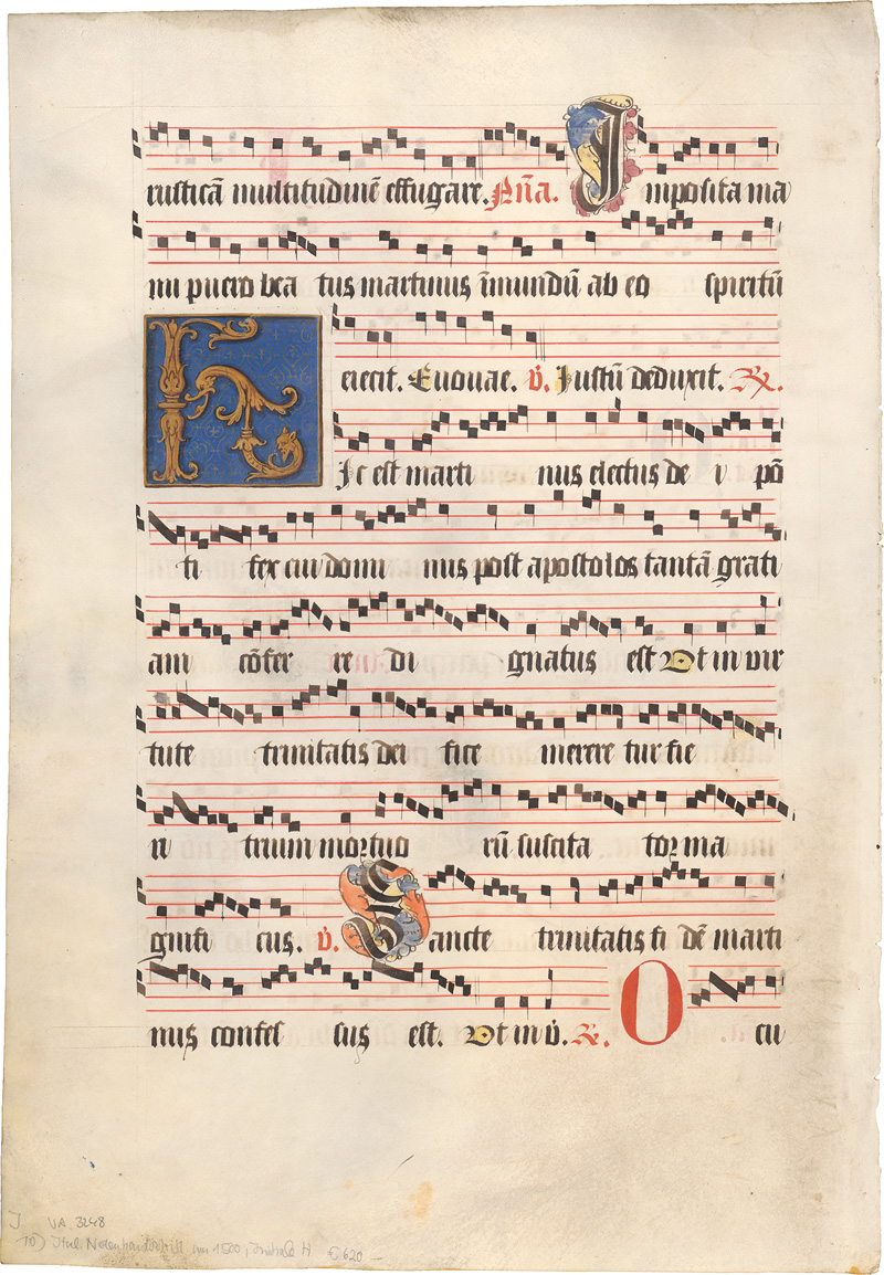 Lot 874, Auction  124, Hic est Martinus, electus Dei pontifex, 2 Einzelblätter aus einer großen Antiphonale-Handschrift