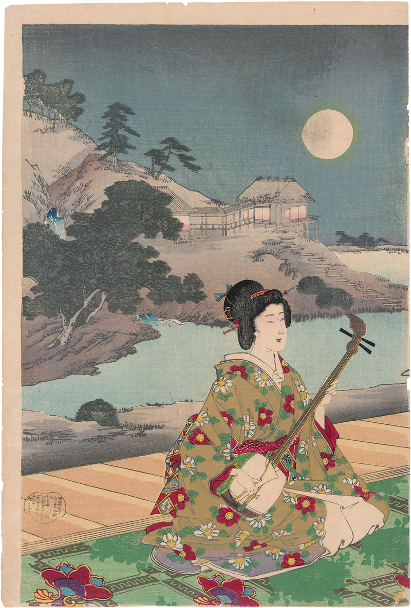 Lot 1505, Auction  124, Chikanobu, Toyohara, Bijin-ga.Drei Musikerinnen bei Vollmond. Triptychon