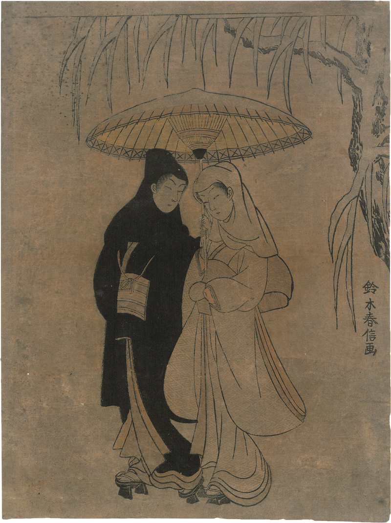 Lot 1516, Auction  124, Harunobu, Suzuki, Liebhaber unter einem Regenschirm. Krähe und Reiher