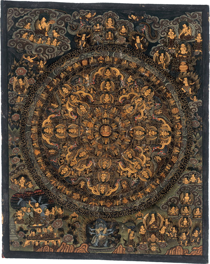 Lot 1696, Auction  124, Mandala, Buddhistisches Meditationsbild. Schwarzgrundmalerei in Gold und Farben auf Gaze