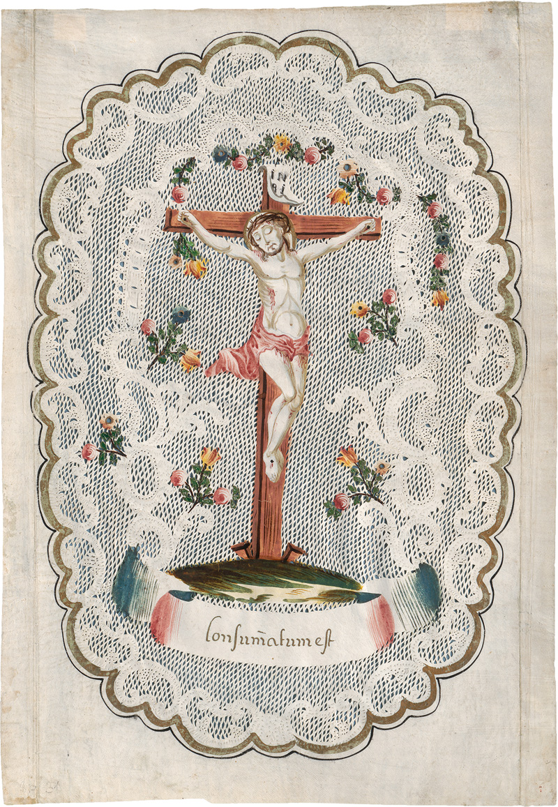 Lot 2259, Auction  124, Gekreuzigte, Der, Consummatum est. Spitzenbillet und Farbzeichnung mit Golderhöhung