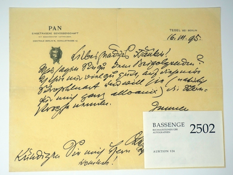 Lot 2502, Auction  124, Bierbaum, Otto Julius, Brief auf PAN-Papier