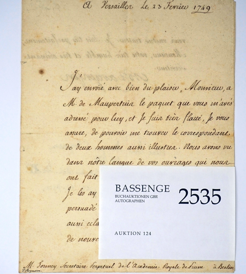 Lot 2535, Auction  124, Argenson, René Louis Marquis d', Brief an Samuel Formey