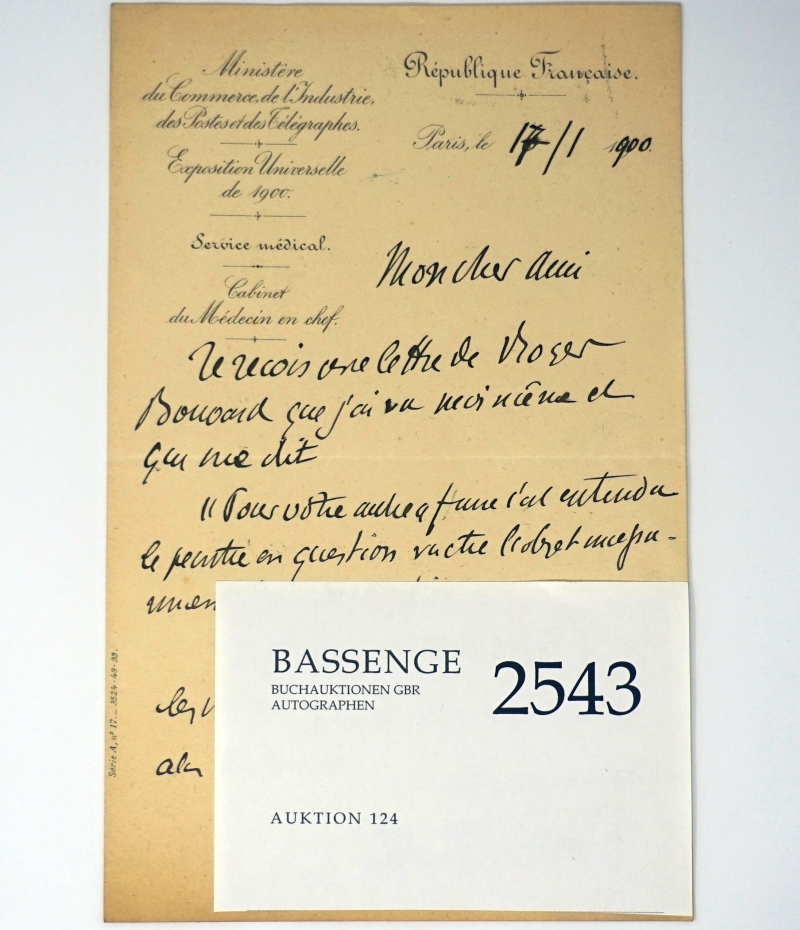 Lot 2543, Auction  124, Gilles de la Tourette, Georges, Brief an einen Freund