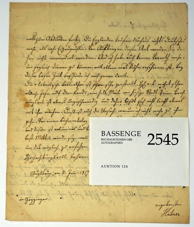 Lot 2545, Auction  124, Hübner, Jacob, Brief an einen Kunden