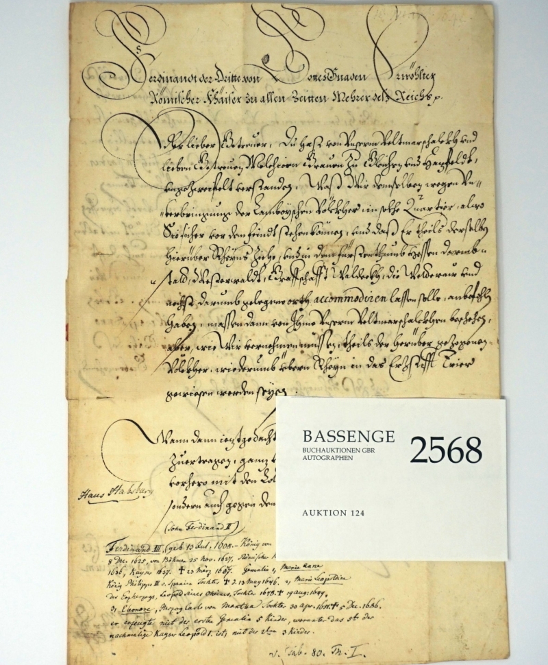 Lot 2568, Auction  124, Ferdinand III., röm.-dt. Kaiser, Brief an den Grafen Bronckhorst