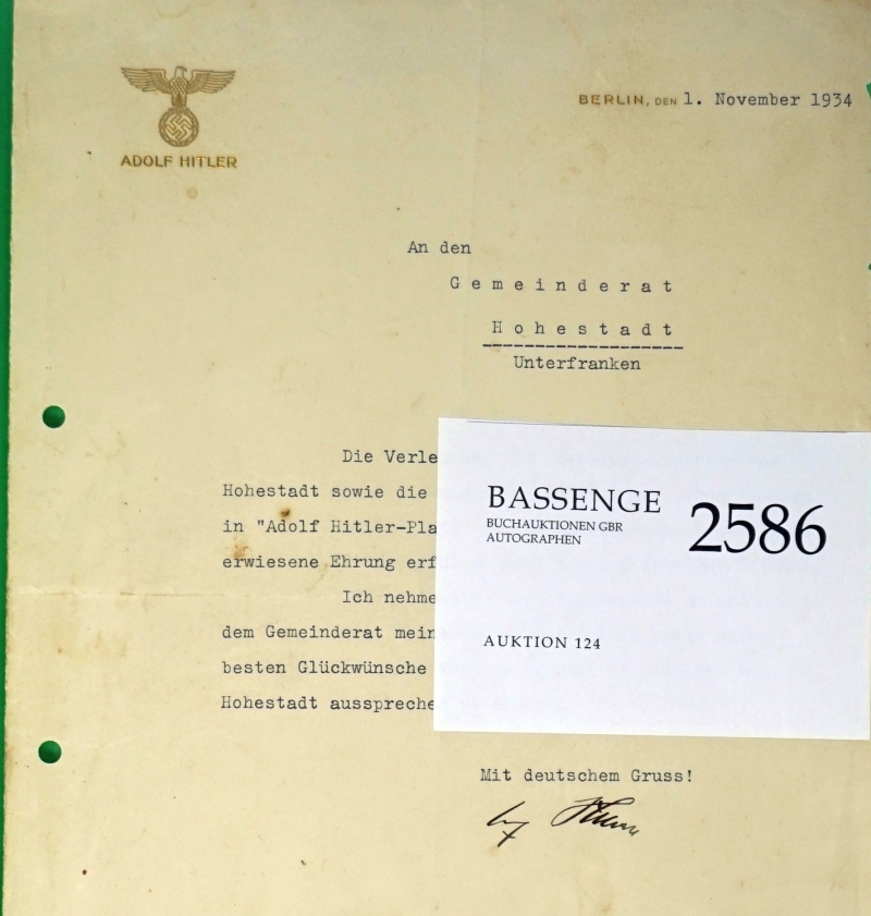 Lot 2586, Auction  124, Hitler, Adolf, Brief an einen Gemeinderat