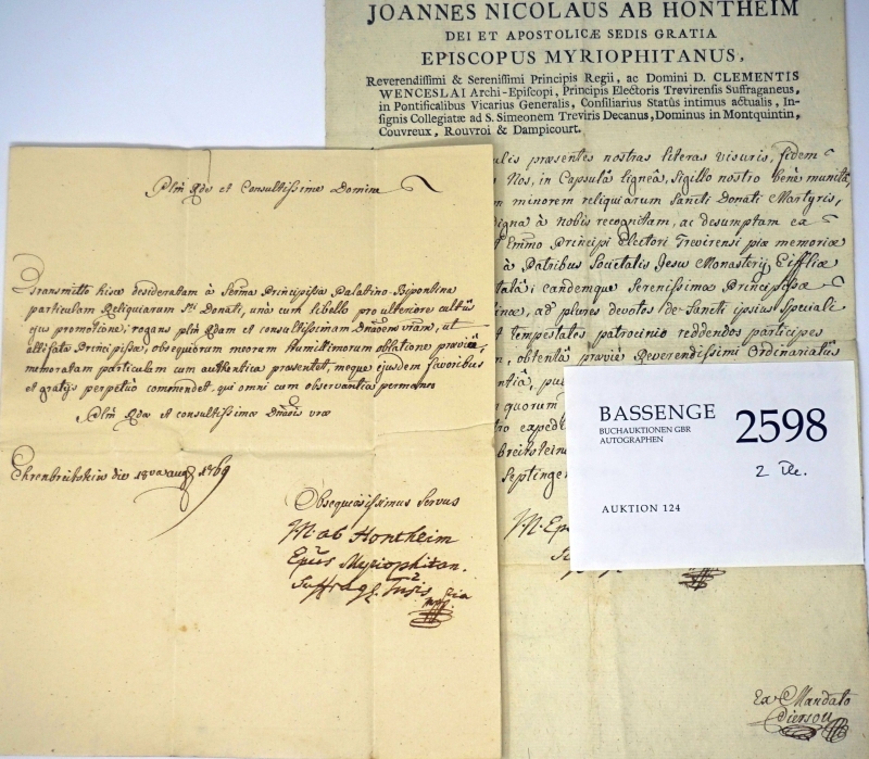 Lot 2598, Auction  124, Hontheim, Johann Nikolaus von, Brief und Urkunde Ehrenbreitstein