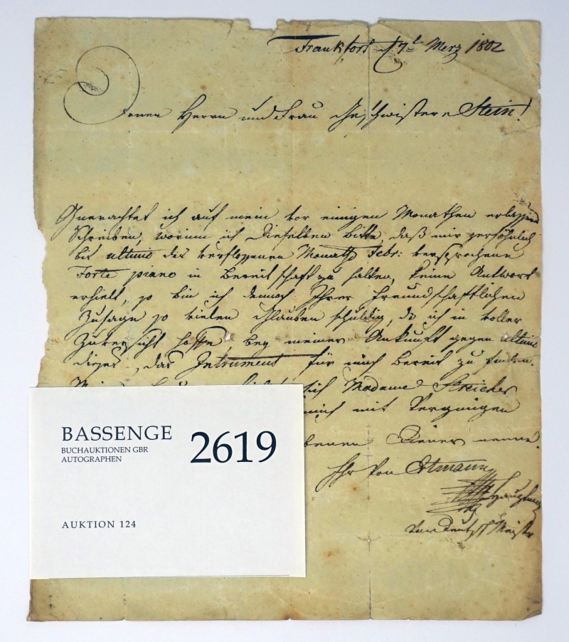 Lot 2619, Auction  124, Ertmann, Stephan Leopold Freiherr von, Brief an Nannette Streicher