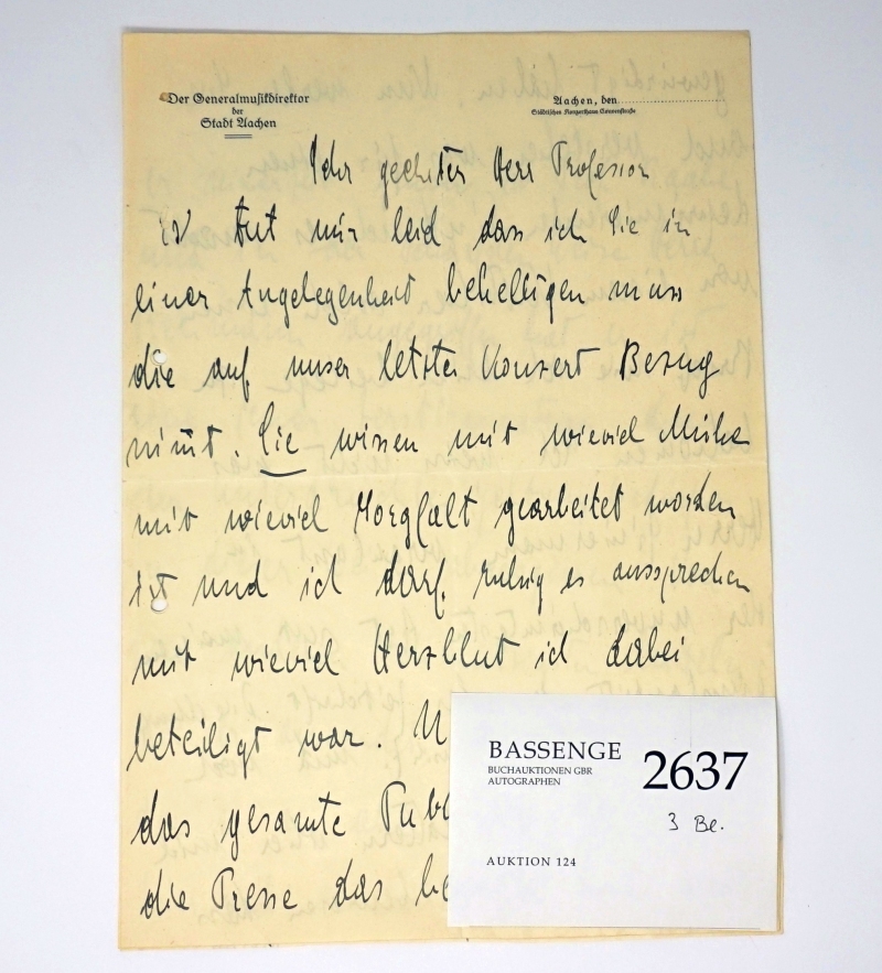 Lot 2637, Auction  124, Karajan, Herbert von, Brief aus der Aachener Zeit