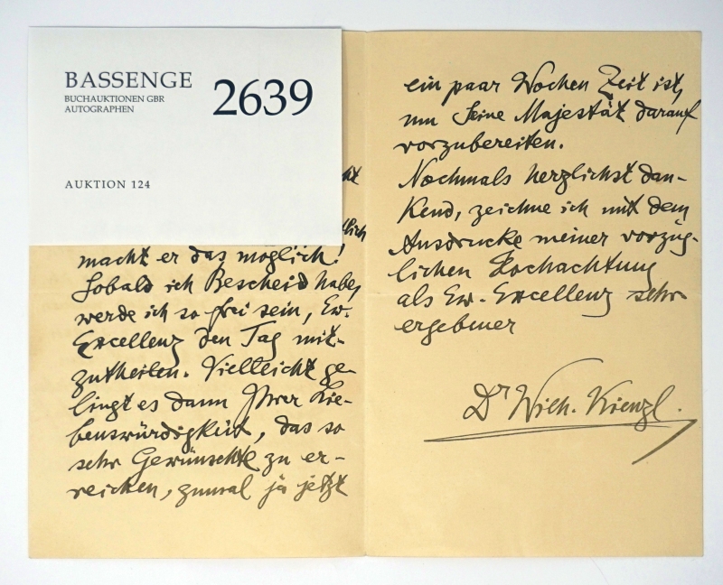 Lot 2639, Auction  124, Kienzl, Wilhelm, Brief an eine Exzellenz