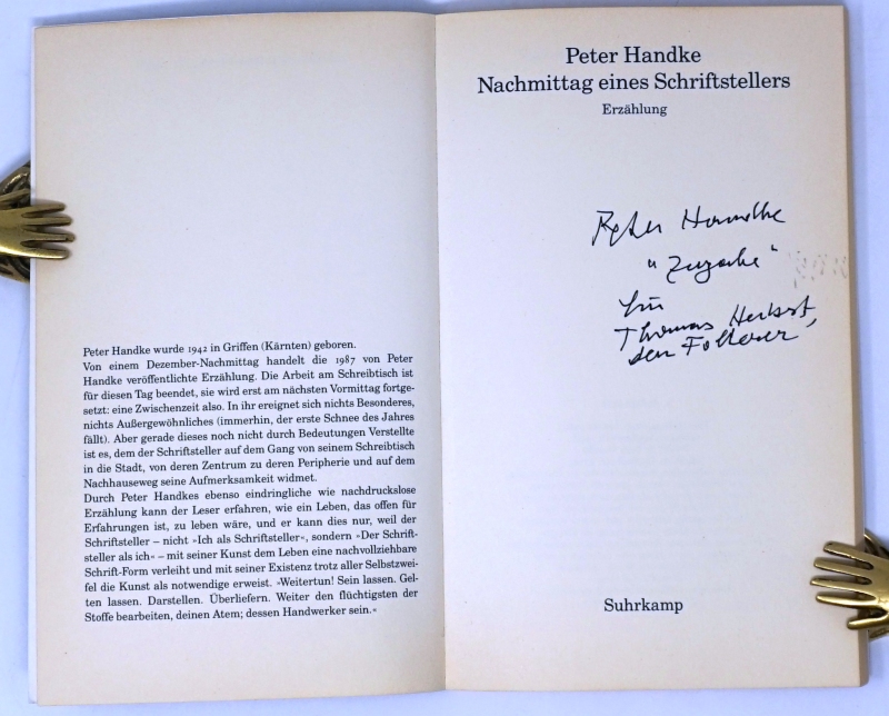 Lot 3179, Auction  124, Handke, Peter, Nachmittag eines Schriftstellers (Widmungsexemplar)