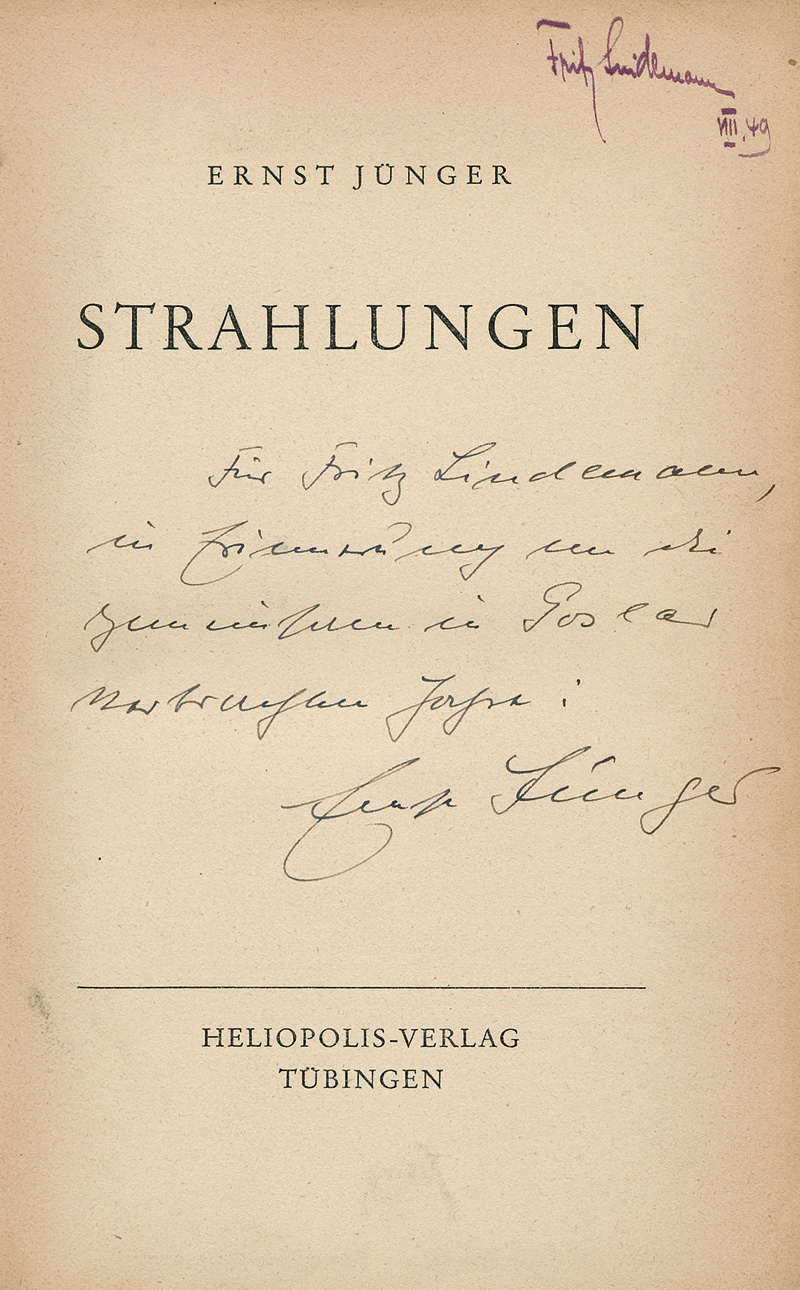 Lot 3236, Auction  124, Jünger, Ernst, Strahlungen (Widmungsexemplar)