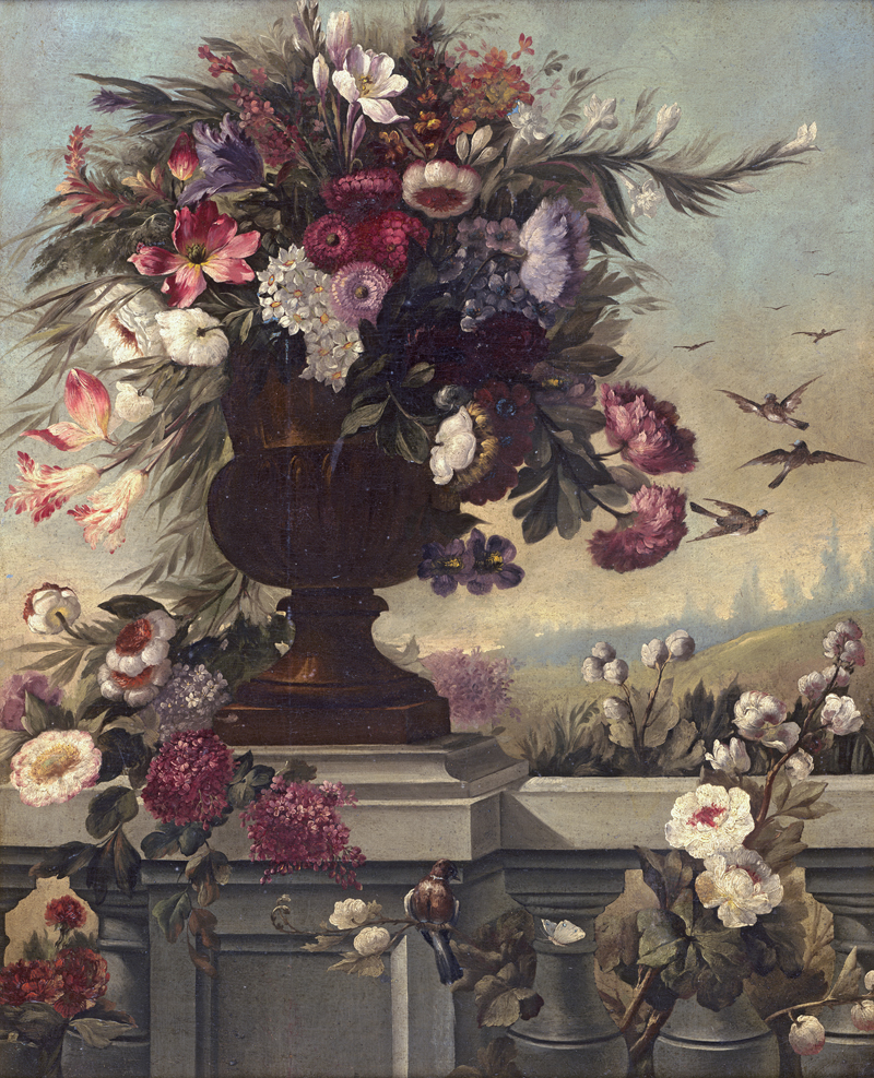 Lot 6021, Auction  124, Italienisch, spätes 17. Jh. Blumenbouquet in einer Kratervase auf einer Brüstung vor einer Landschaft. 