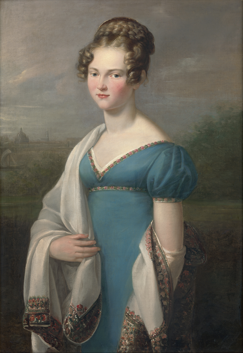 Lot 6040, Auction  124, Rössler, Johann Carl, Bildnis wohl der Clara Luise Gräfin Kanitz vor der Silhouette Dresdens mit der Elbe