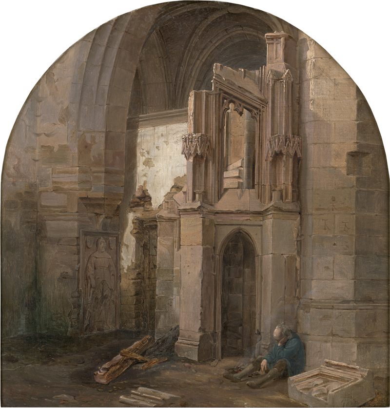 Lot 6075, Auction  124, Stilke, Hermann Anton, Gotische Ruine mit Schlafendem an einem kleinen Feuer