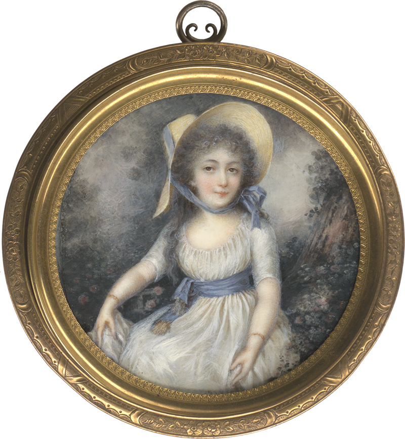 Lot 6361, Auction  124, Périn-Salbreux, Lié-Louis - In der Art, Miniatur Portrait einer jungen Frau mit Strohhut, in Landschaft sitzend