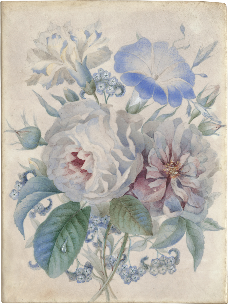 Lot 6611, Auction  124, Deutsch oder Niederländisch, 19. Jh. Blumenbouquet mit gefüllten Rosen, Vergissmeinnicht und Ackerwinde