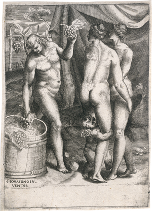 Lot 5030, Auction  125, Bonasone, Giulio, Bacchus zeigt Venus, Amor und einer weiteren Göttin die Weintrauben