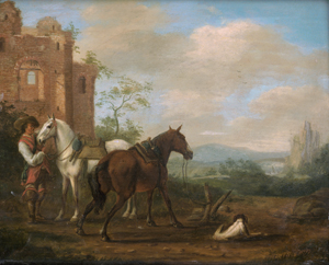 Lot 6025, Auction  125, Niederländisch, 17. Jh. Reiter mit zwei Pferden und seinem Hund bei einer Ruine