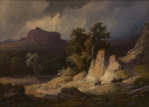 Lot 6086, Auction  125, Deutsch, 1847. Landschaft mit Burg und Kreuzrittern zu Pferde
