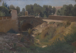 Lot 6129, Auction  125, Französisch, um 1880. Sommer in der Provence: Frau mit Strohhut an einer Steinbrücke