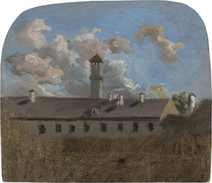 Lot 6132, Auction  125, Deutsch, 2. Hälfte 19. Jh. Wolkenstimmung über einem Klostergebäude mit Glockenturm