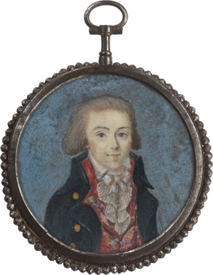 Los 6357 - Französisch - um 1793. Miniatur Portrait eines jungen Mannes in blauer Jacke und bestickter roter Weste - 0 - thumb