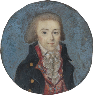 Los 6357 - Französisch - um 1793. Miniatur Portrait eines jungen Mannes in blauer Jacke und bestickter roter Weste - 1 - thumb