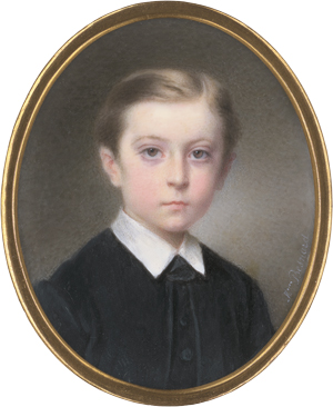 Lot 6400, Auction  125, Besnard geb. Vaillant, Louise-Pauline-Marie, Miniatur Portrait eines traurigen blonden Jungen in Schwarz 