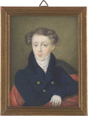Lot 6409, Auction  125, Zentraleuropäisch, um 1820/1830. Miniatur Portrait eines sitzenden Jungen mit Schneckerlfrisur 
