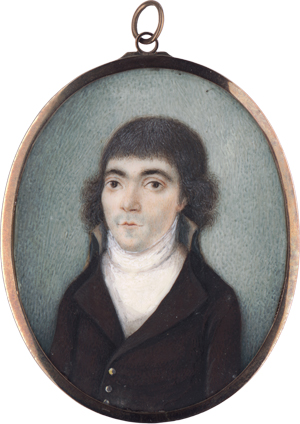 Lot 6411, Auction  125, Deutsch, um 1795/1800. Miniatur Portrait eines langhaarigen jungen Mannes, in auberginebrauner Jacke mit weißer Weste